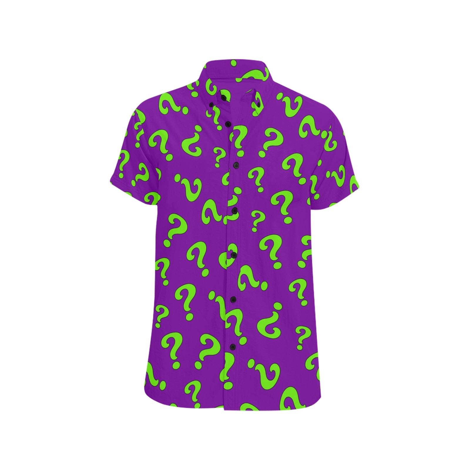 Purple shirt with green question mark pattern on a white background