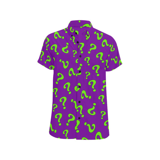 Purple shirt with green question mark pattern on a white background