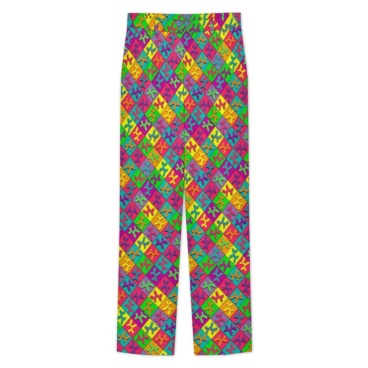 Dress pants for balloon twisters and entertainers with balloon dog design print.