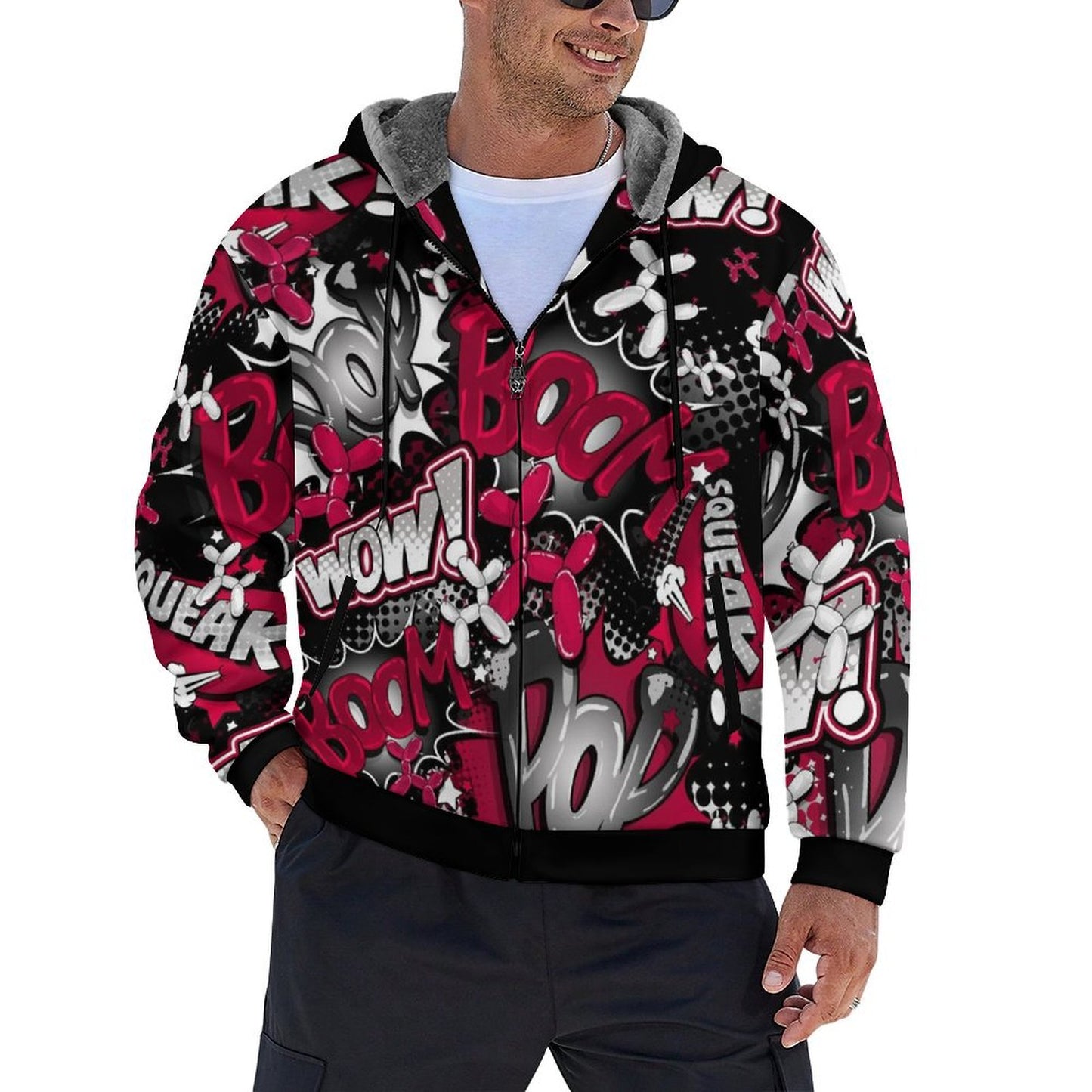 Red white and black balloon twister zip hoodie with balloon animals