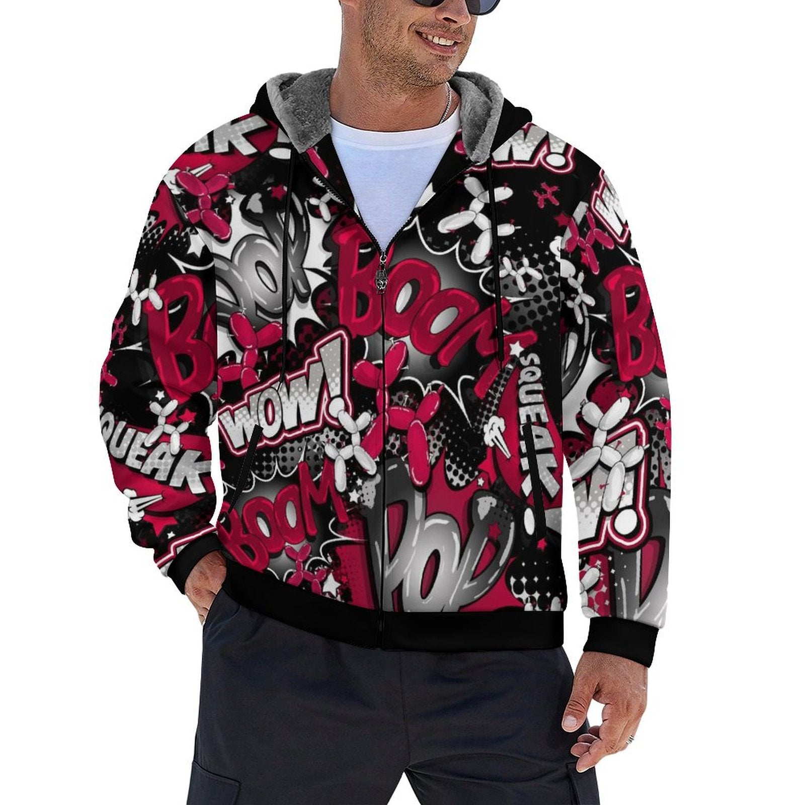 Red white and black balloon twister zip hoodie with balloon animals