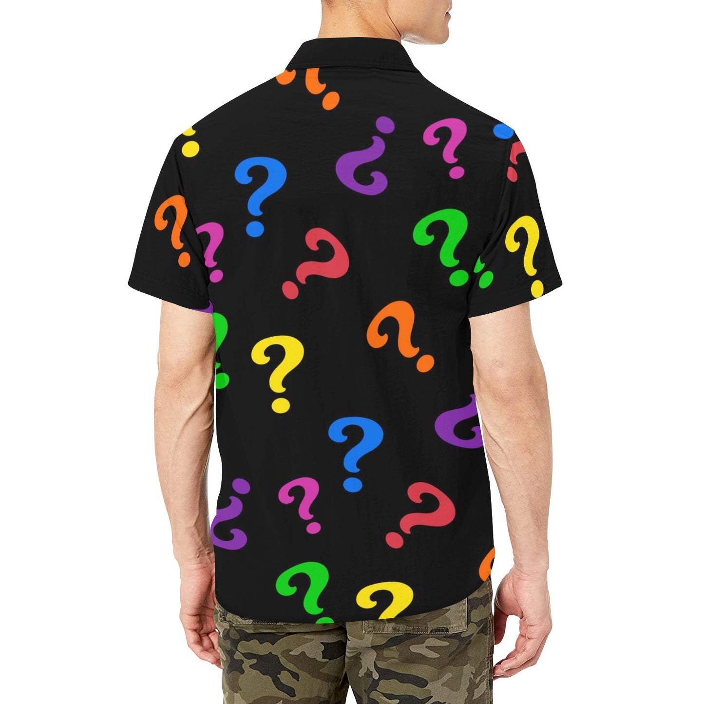Black shirt with colorful question mark pattern worn by a person on a white background