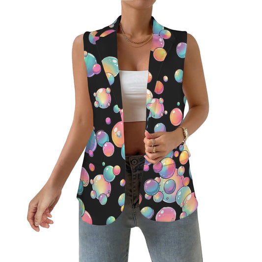 Black vest with colourful bubble pattern worn by a bubble artist