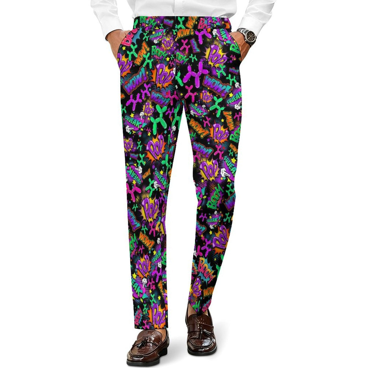 Balloon twister dress pants with balloon dogs and fun pop art design.