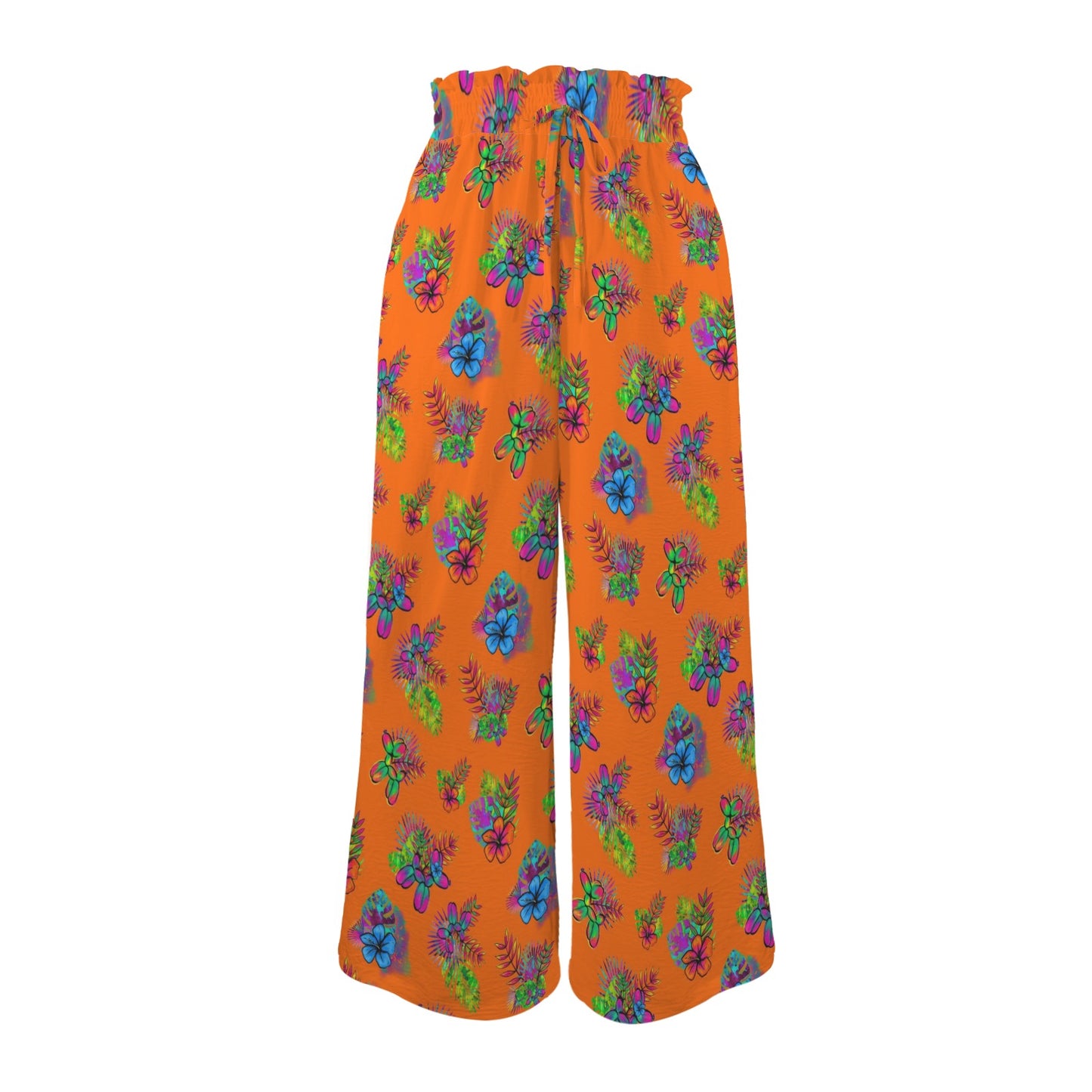 Bright orange pants with balloon dogs and flowers design