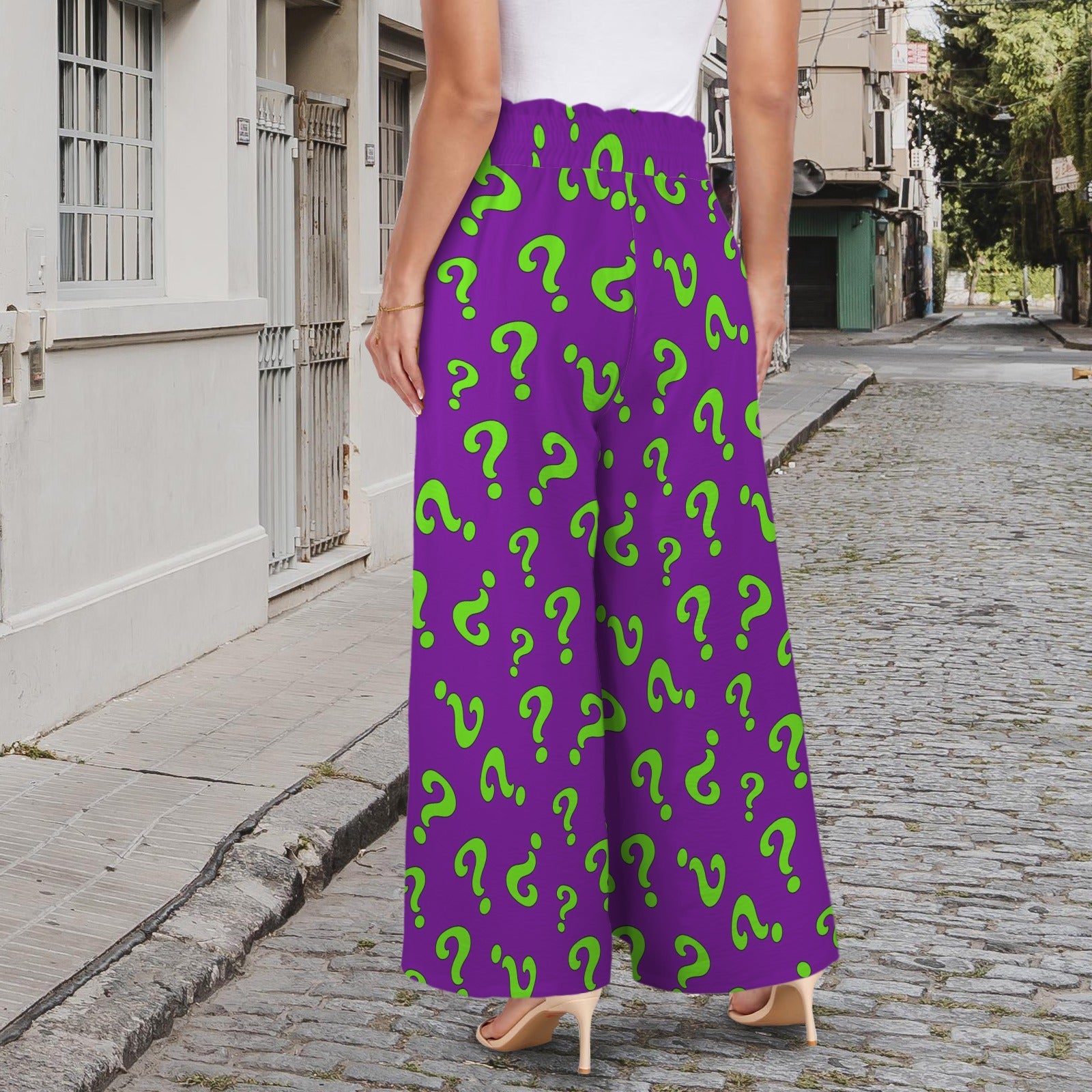 Magician pants purple with green question marks