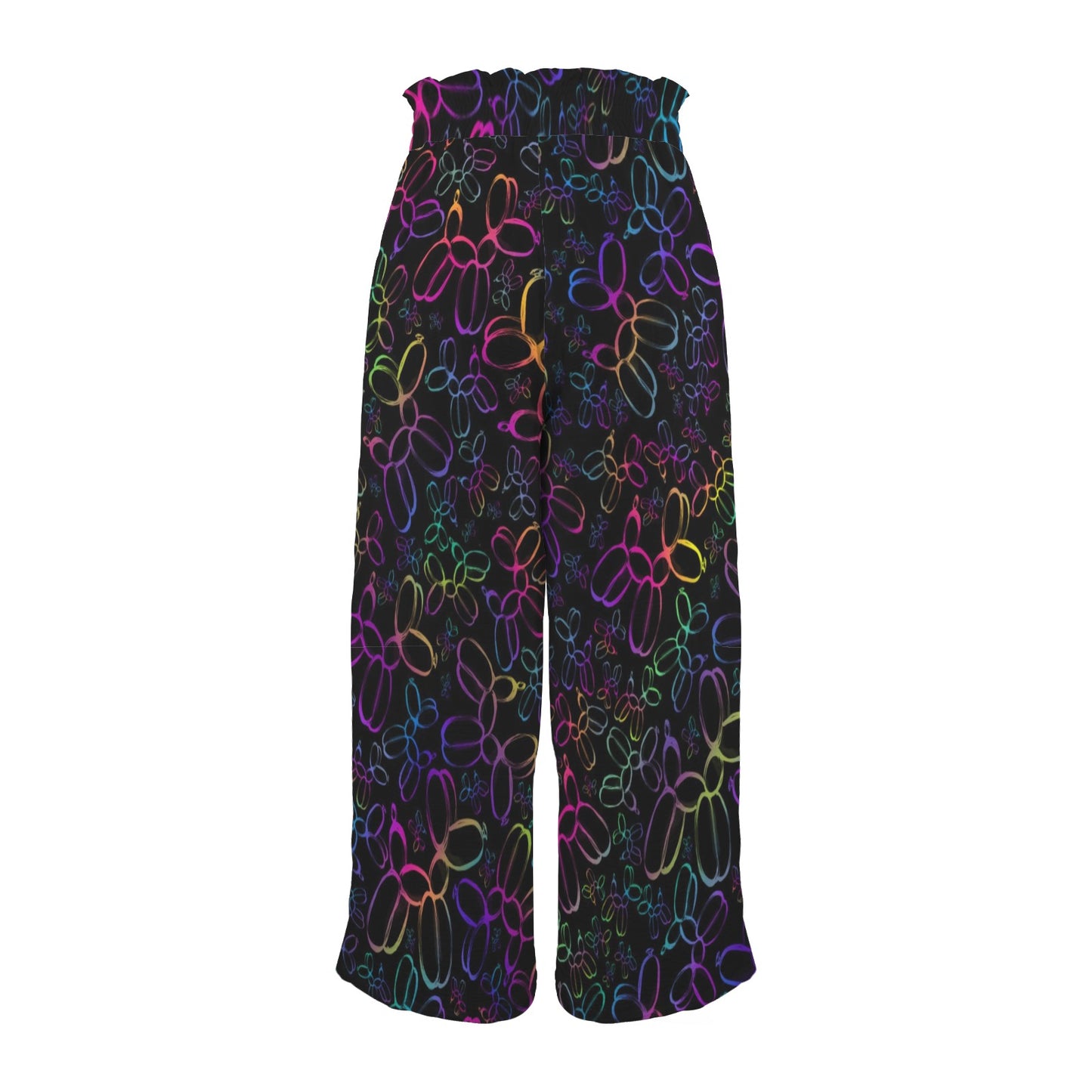 Colourful balloon dog pattern on black wide leg pants