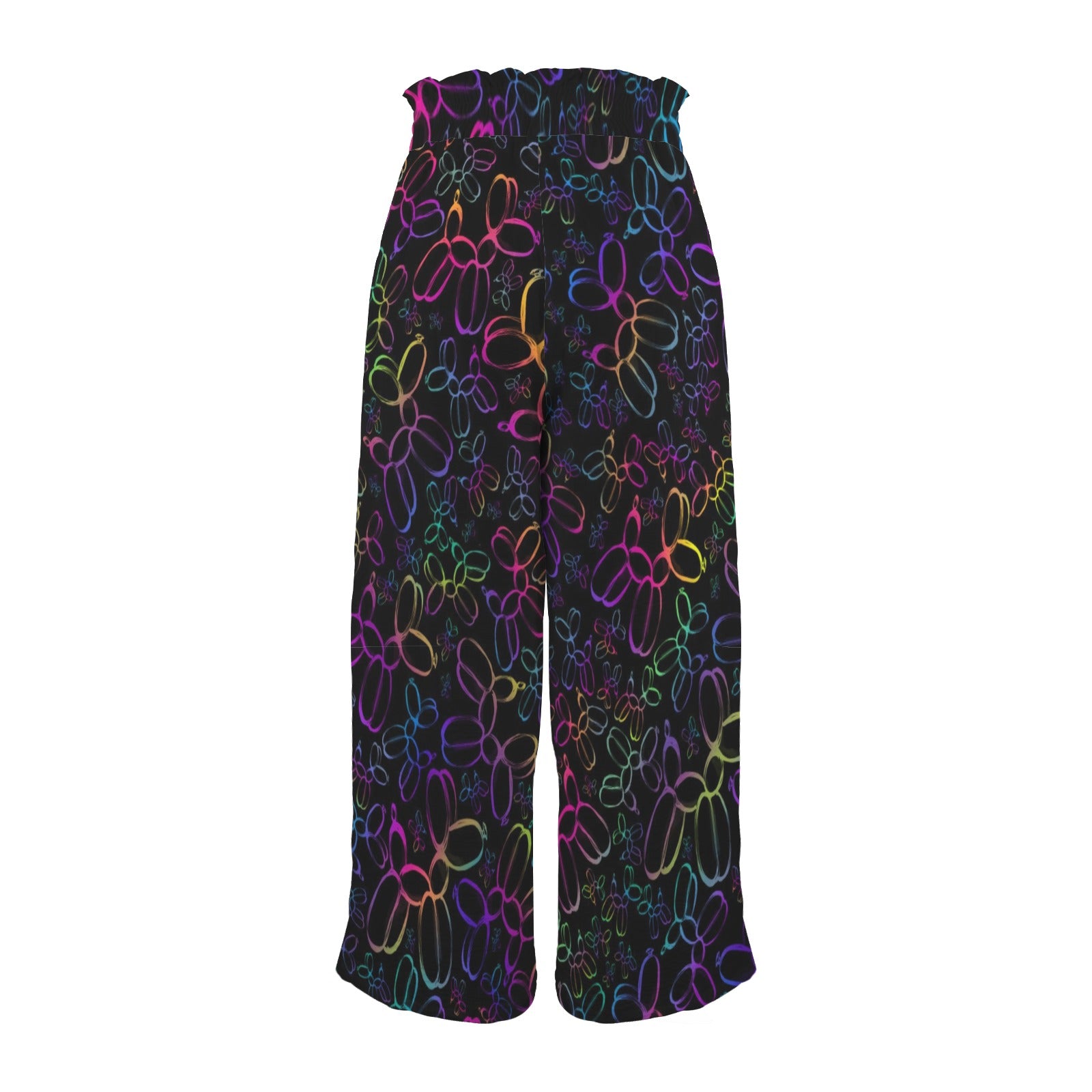 Colourful balloon dog pattern on black wide leg pants