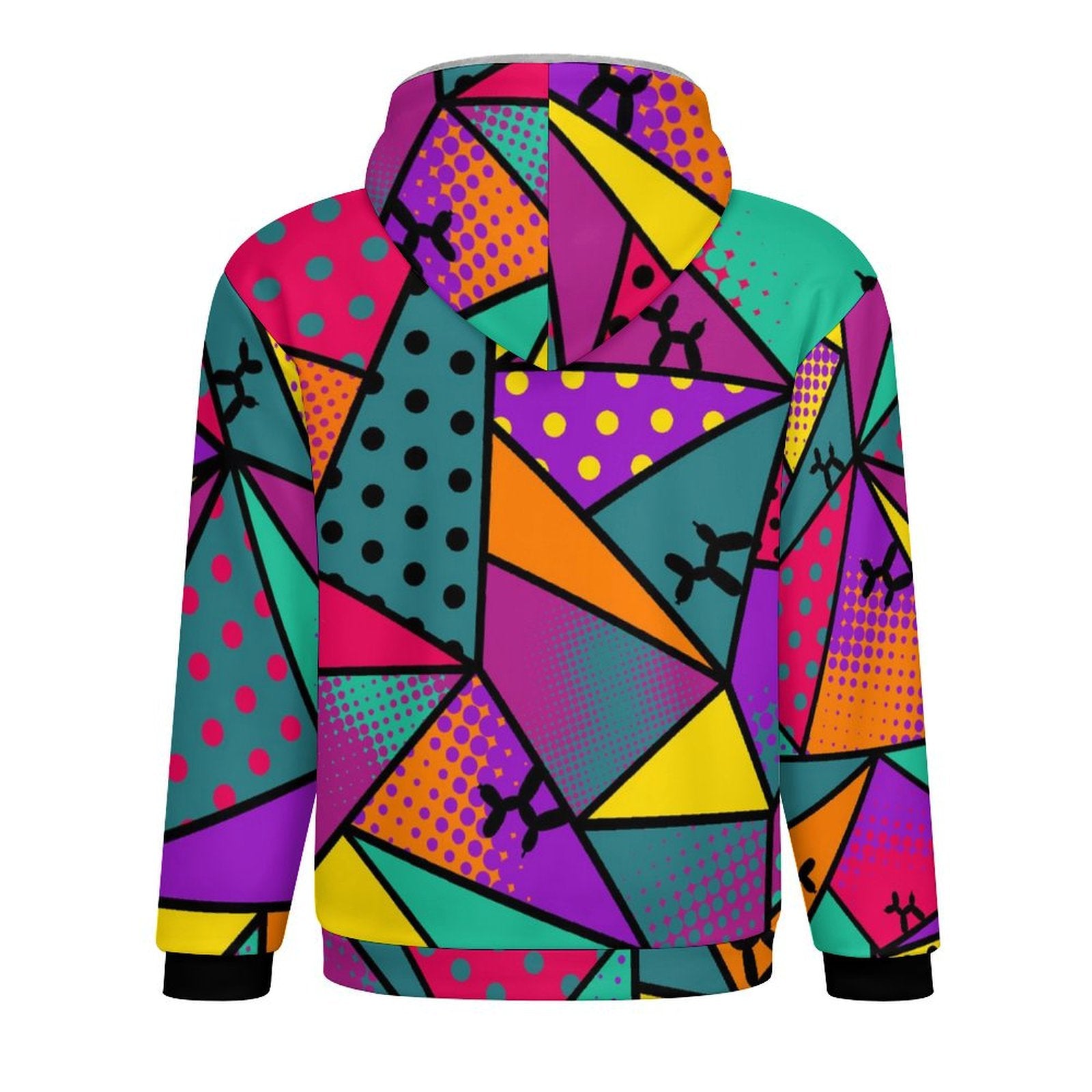 Colourful geometric patterned hoodie with balloon dogs for balloon twisters