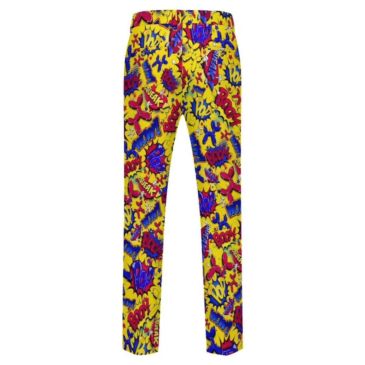 Bright yellow balloon twisting pants featuring a bold, all-over comic-style graphic print in red, blue, and purple with comic book speech-bubble motifs.