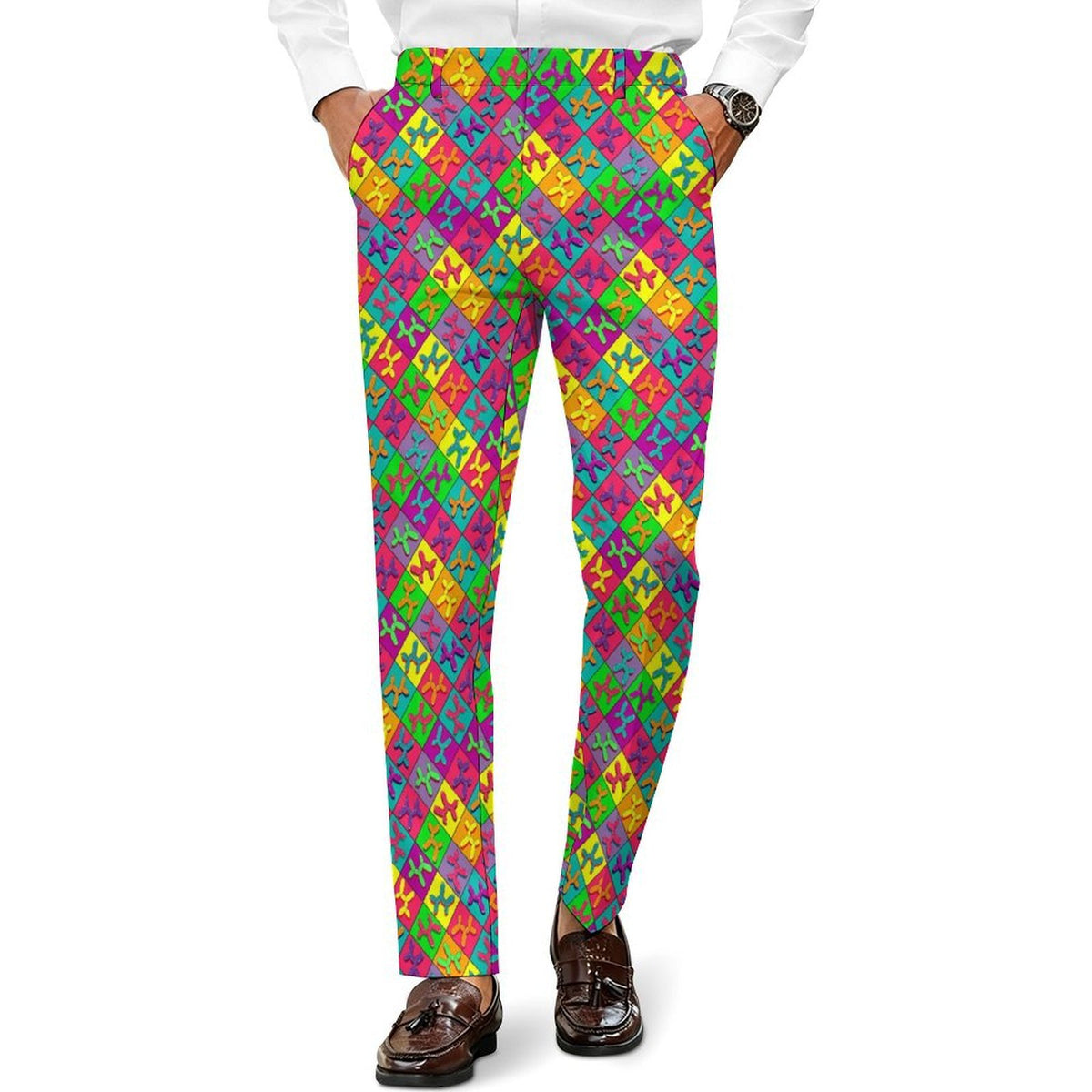 A person wearing bright multicolor Balloon Dog patterned dress pants with a white shirt and brown loafers, shown from the waist down on a plain white background.