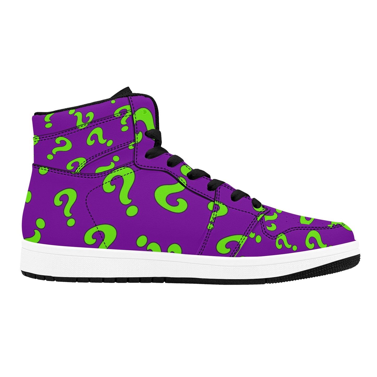 Purple high-top sneaker with green question marks
