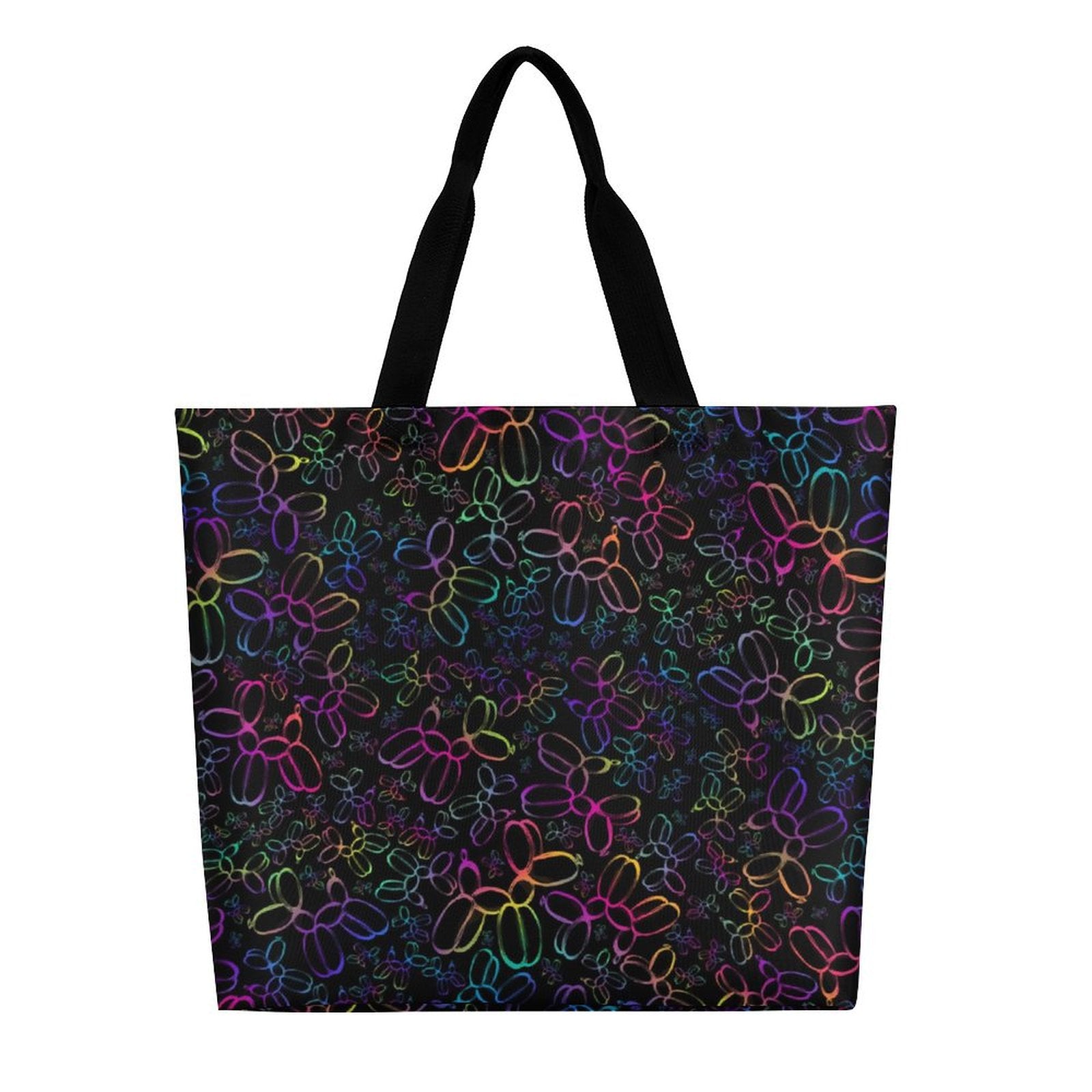 Tote bag with colorful balloon dog pattern on a black background