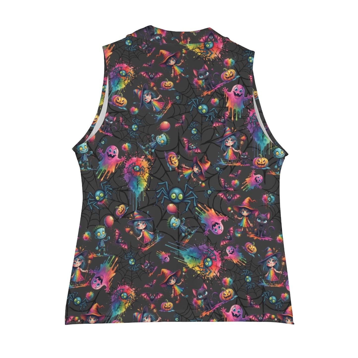 Sleeveless shirt with colorful Halloween-themed pattern on a black background