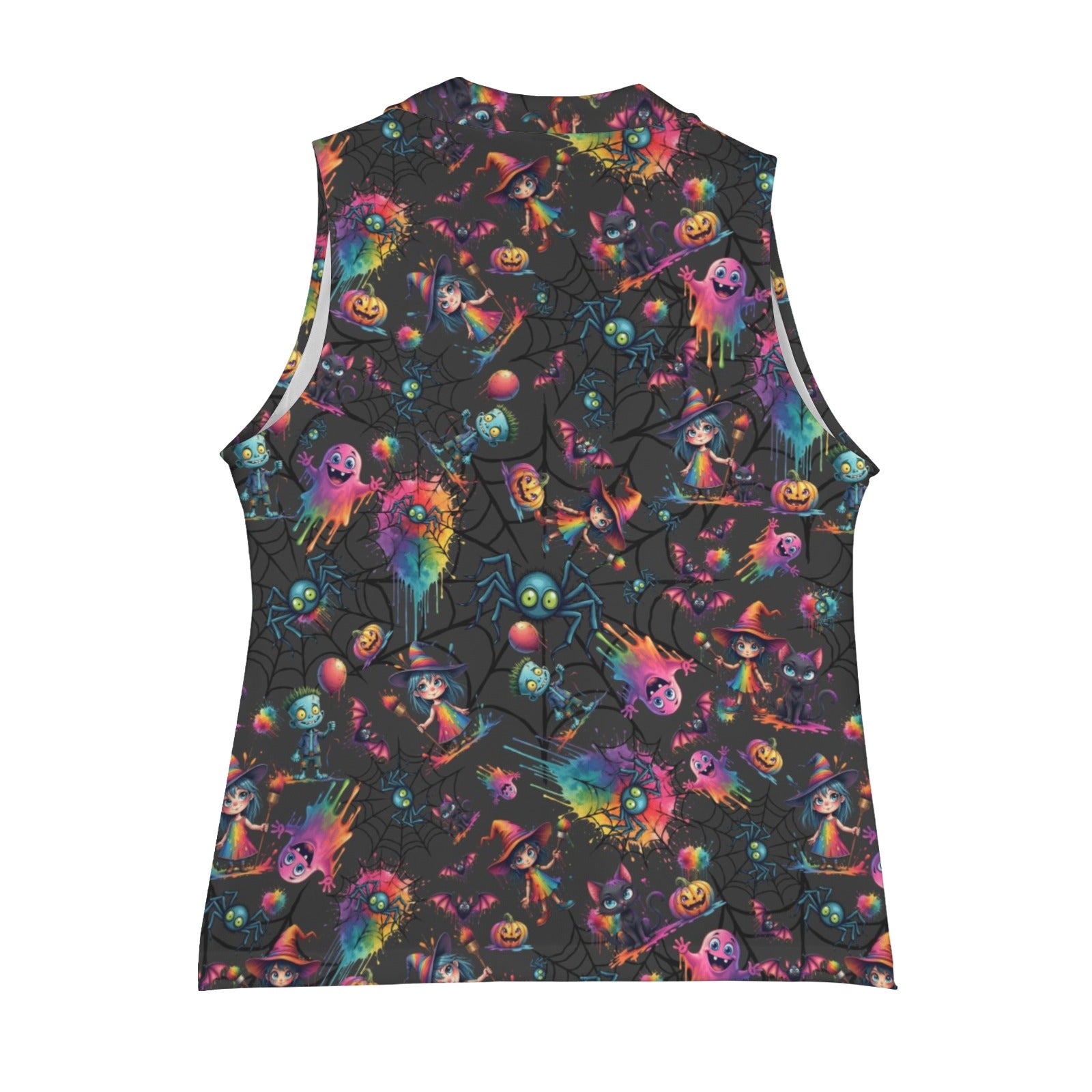 Sleeveless shirt with colorful Halloween-themed pattern on a black background