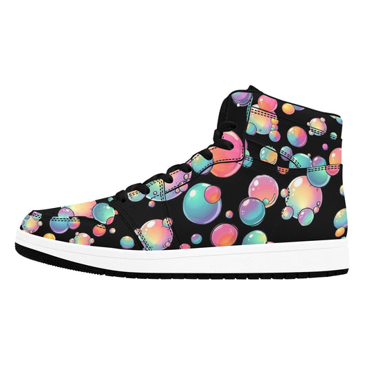 Black high-top sneakers with colorful bubble pattern on a white background