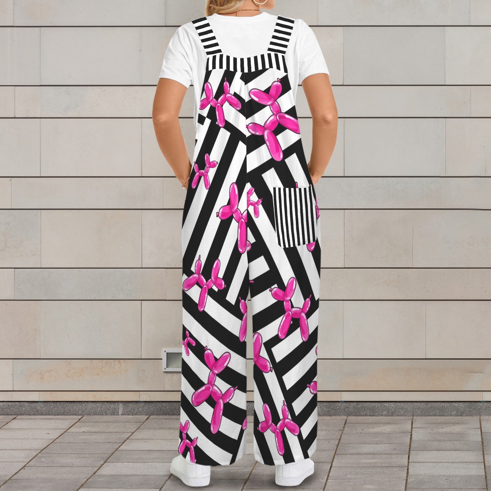 Fun striped overalls with pink balloon dogs for balloon twisters