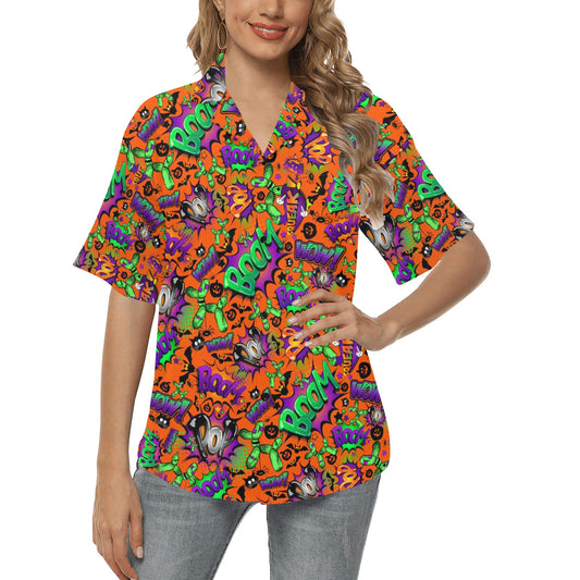 Women's Hawaiian shirt with Halloween orange design for balloon twisters