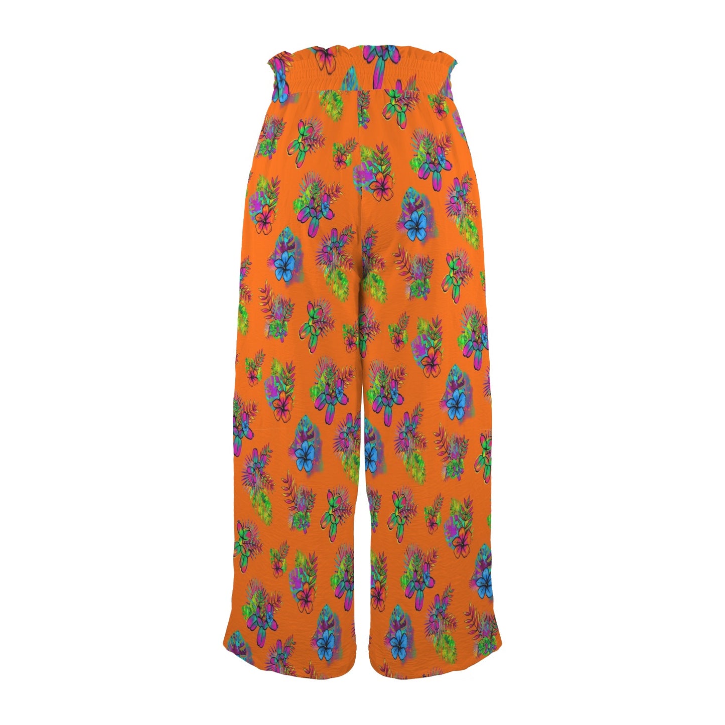 Wide leg pants with tropical flowers and balloon dogs on orange background