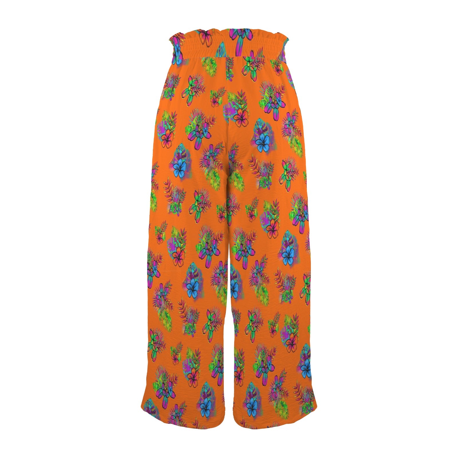 Wide leg pants with tropical flowers and balloon dogs on orange background
