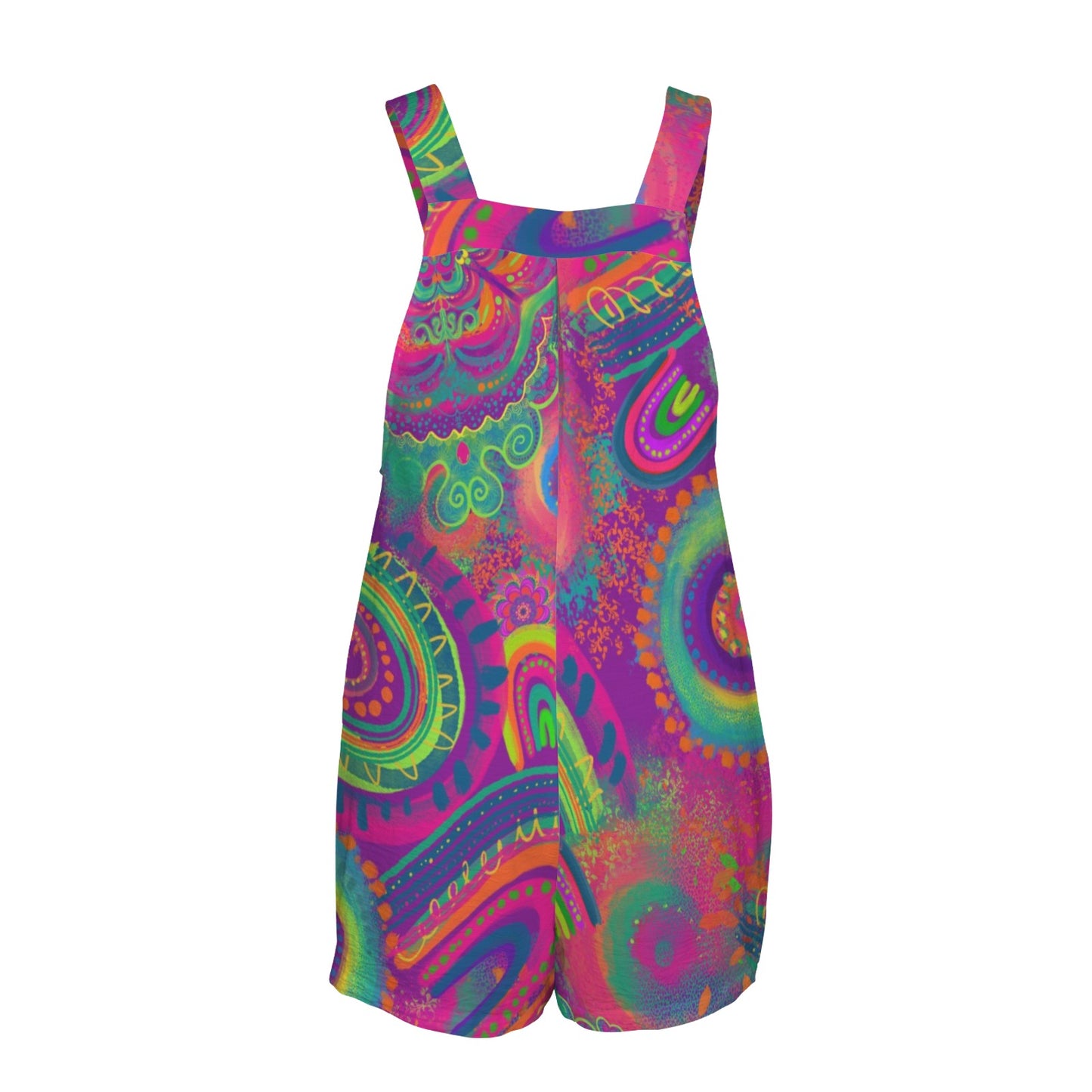 Colorful paisley-patterned overalls on a white background