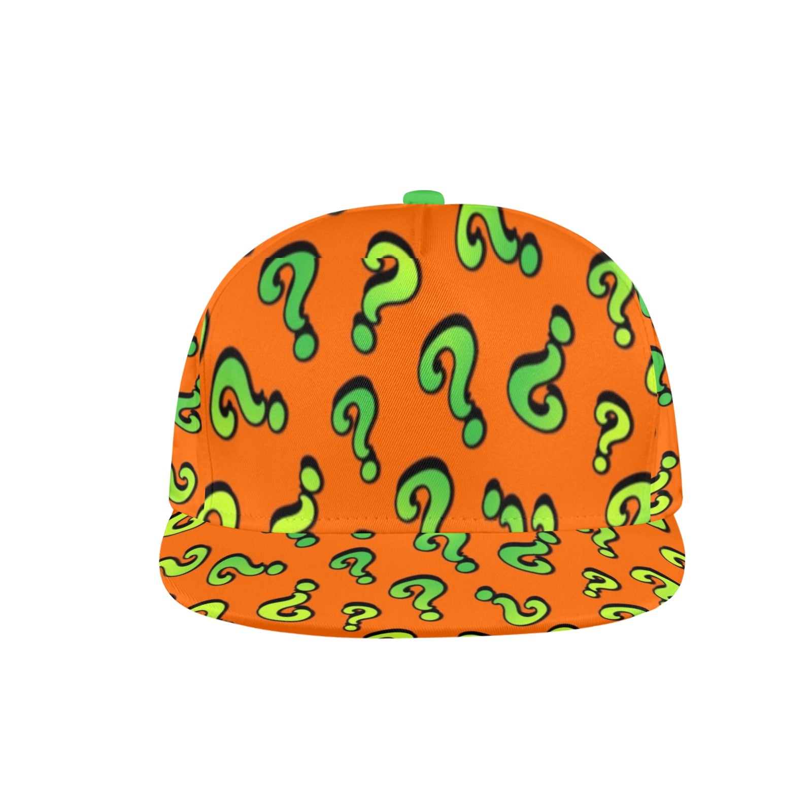 Orange cap with green question mark pattern or magicians and kids entertainers