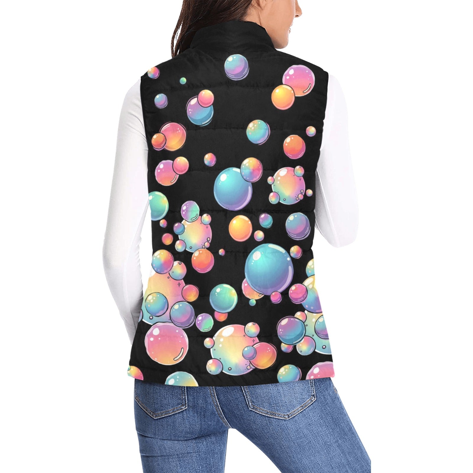 Person wearing a black vest with colorful bubble pattern on a white background