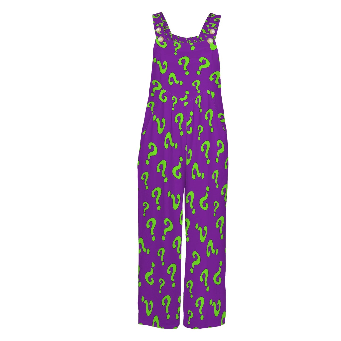 Purple jumpsuit with green question mark pattern on a white background