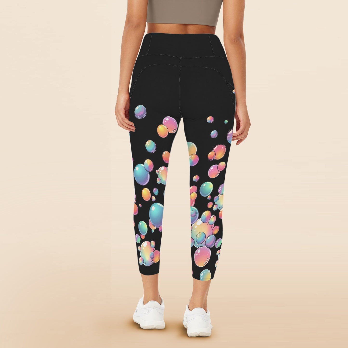 Colourful bubble design on leggings with pockets for bubble artists and face painters