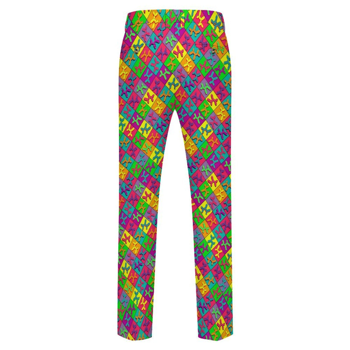 Fun colourful dress pants for kids entertainers, balloon twisters and face painters. Balloon dog print 
