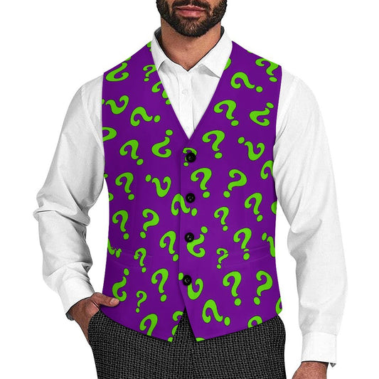 Man wearing a purple vest with green question marks and a white shirt.