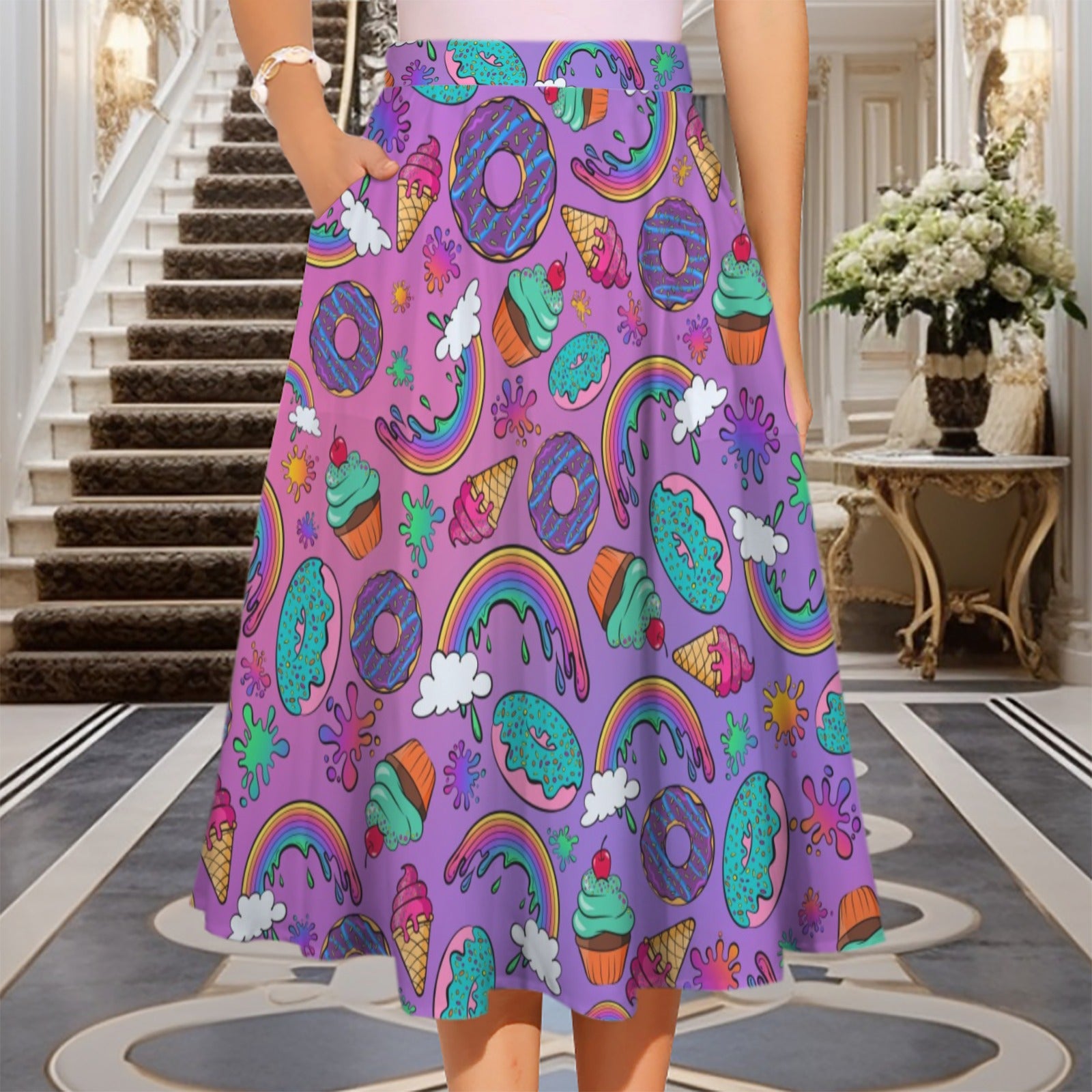 Colourful skirt with ice cream, donuts and rainbows