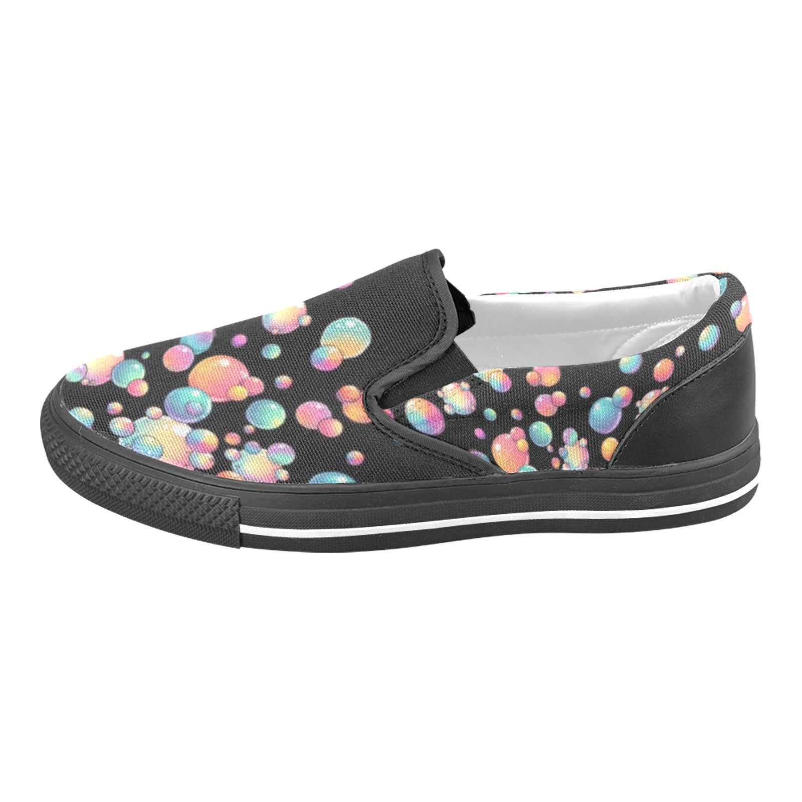 Black slip on shoes with rainbow bubbles for bubble artists and face painters