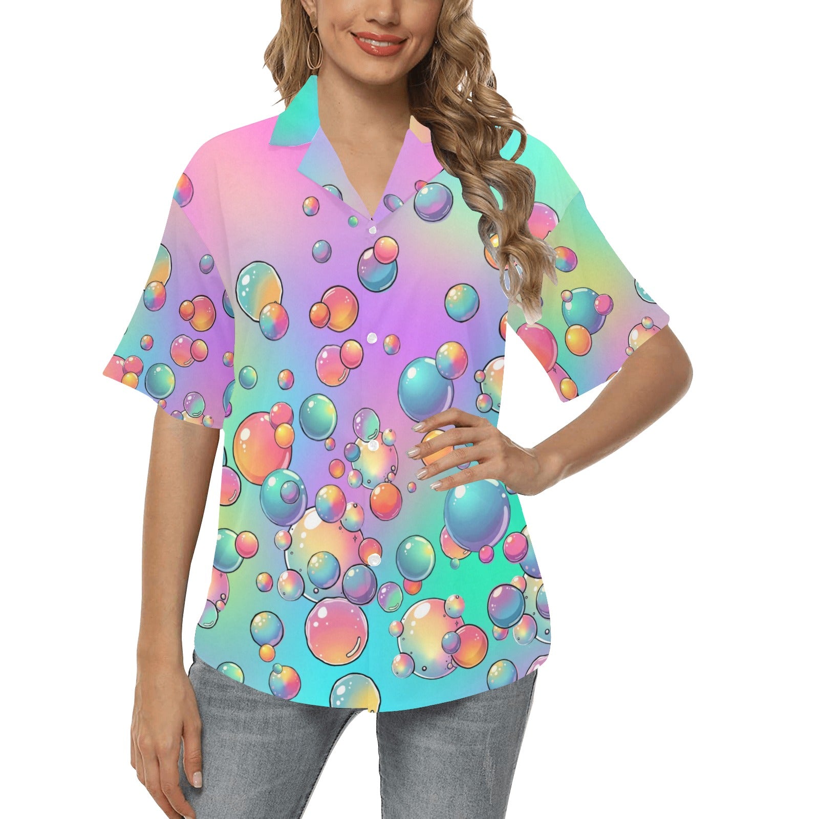 Woman wearing a colorful bubble pattern shirt on a white background