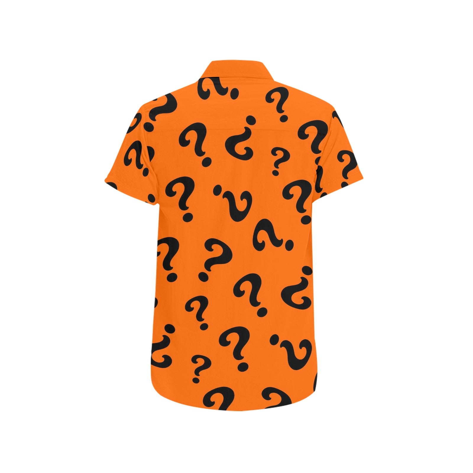 Orange shirt with black question marks