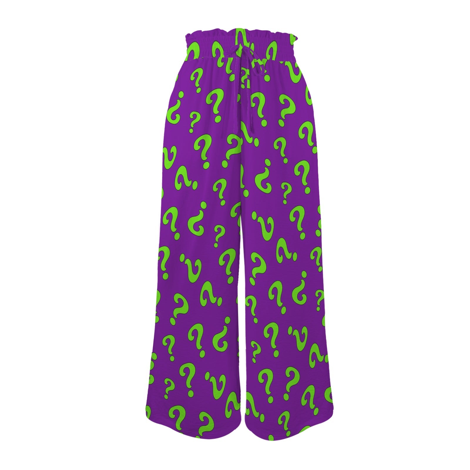 Fun purple pants with green question marks