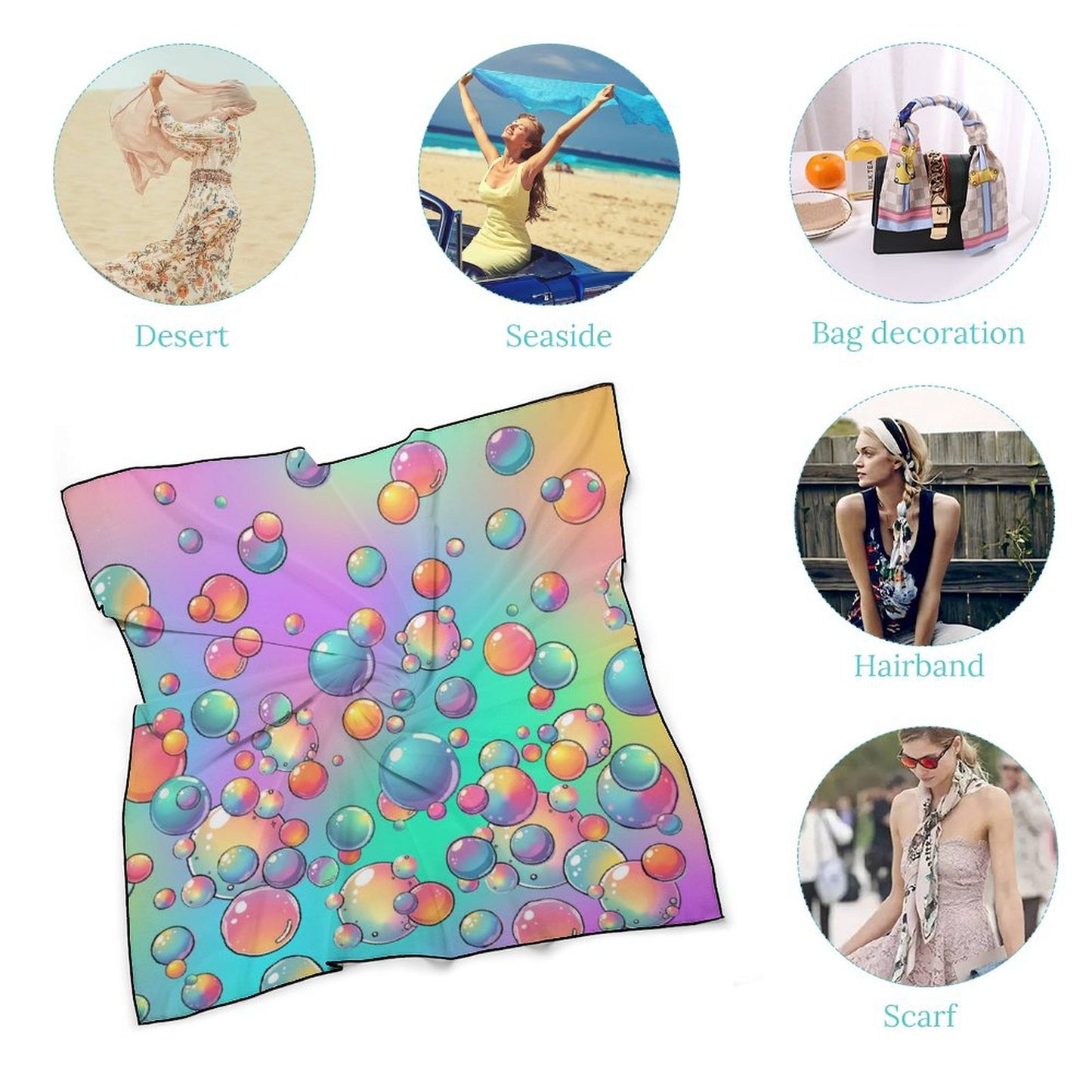 Colorful bubble-patterned scarf with various usage scenarios shown.