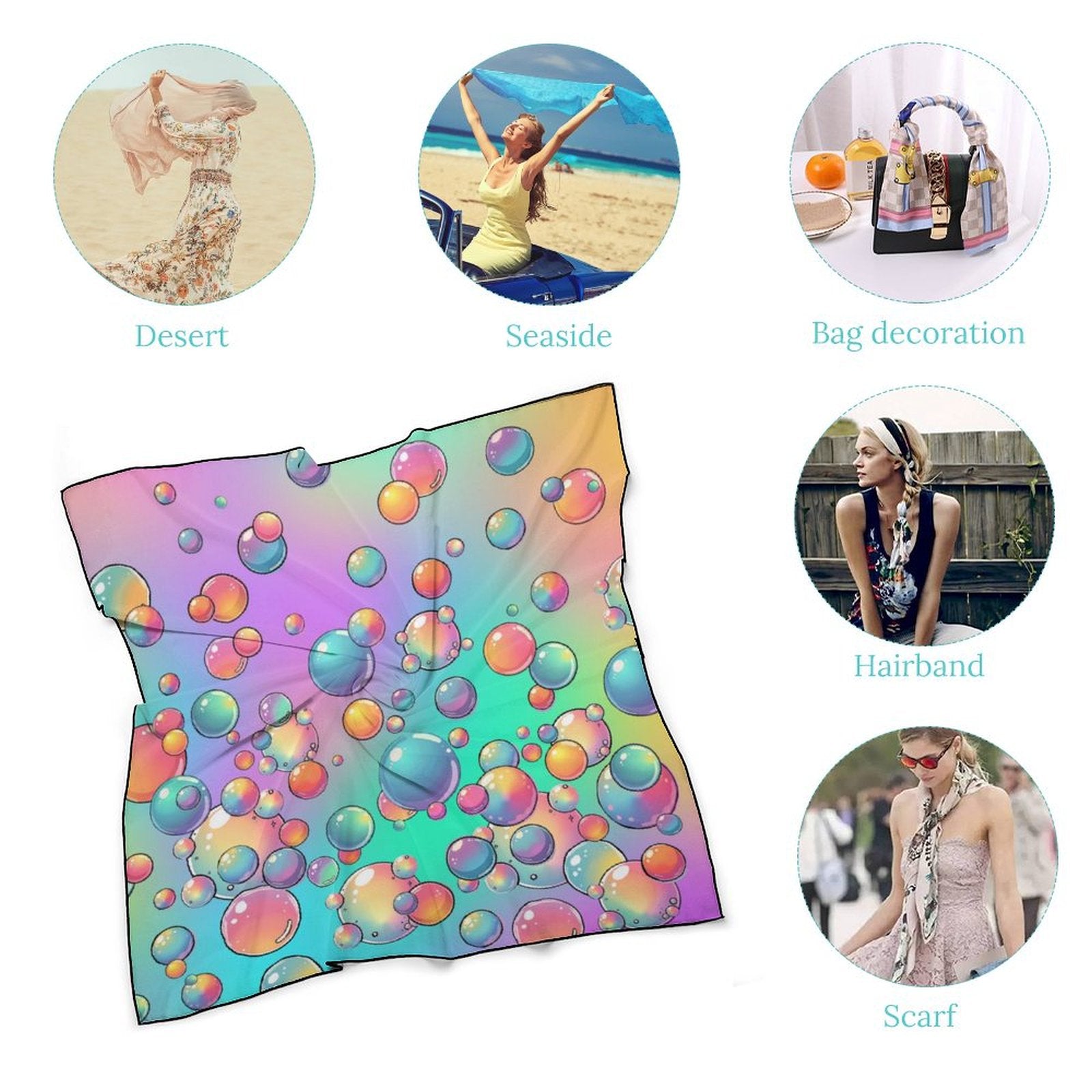 Colorful bubble-patterned scarf with various usage scenarios shown.