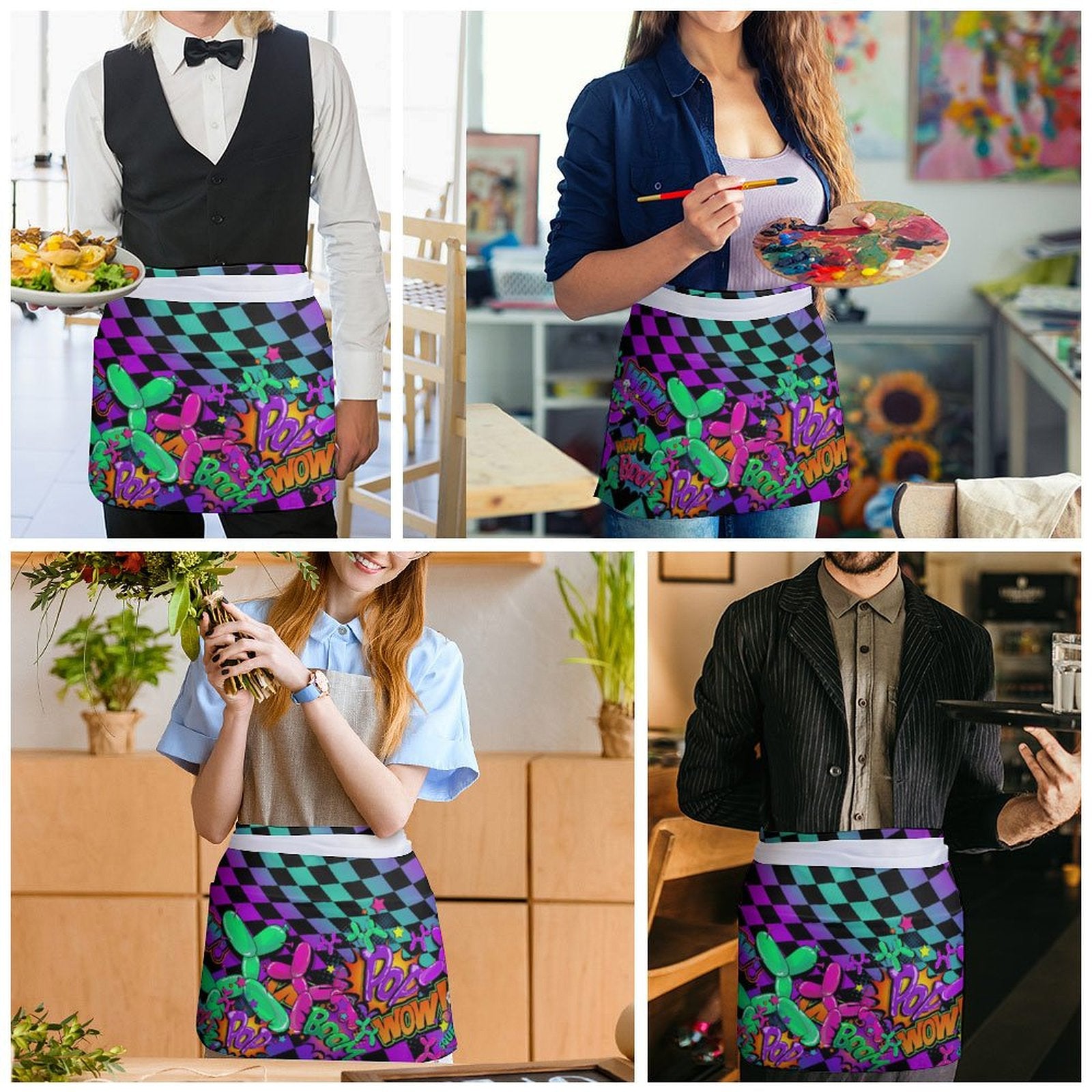 Colourful balloon dog aprons worn by people in various settings