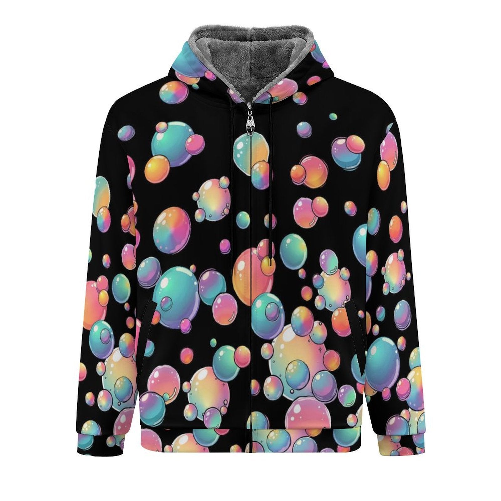 Black zip hoodie with colourful bubble pattern for bubble artists and face painters