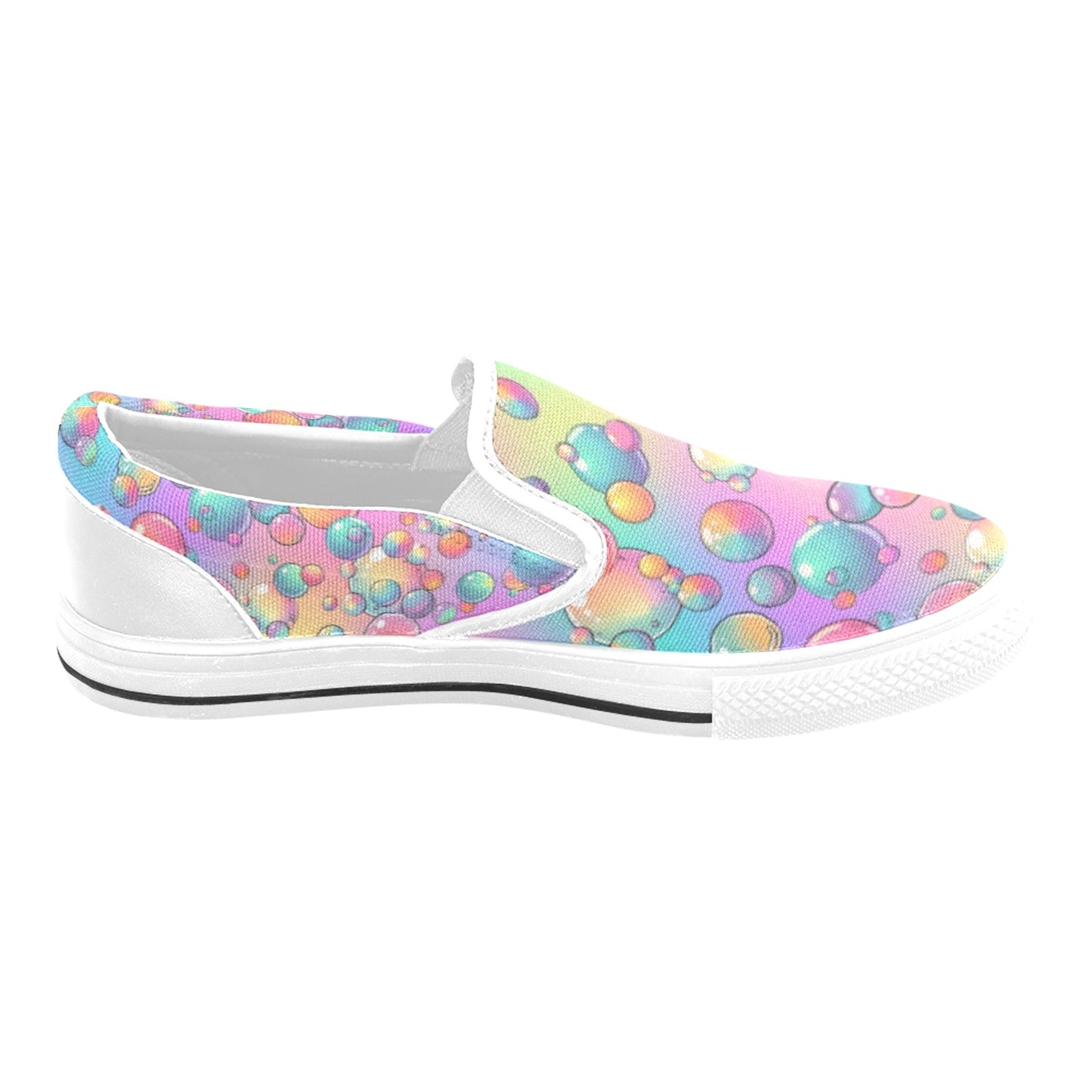 Colorful slip-on shoes with a bubble pattern on a white background