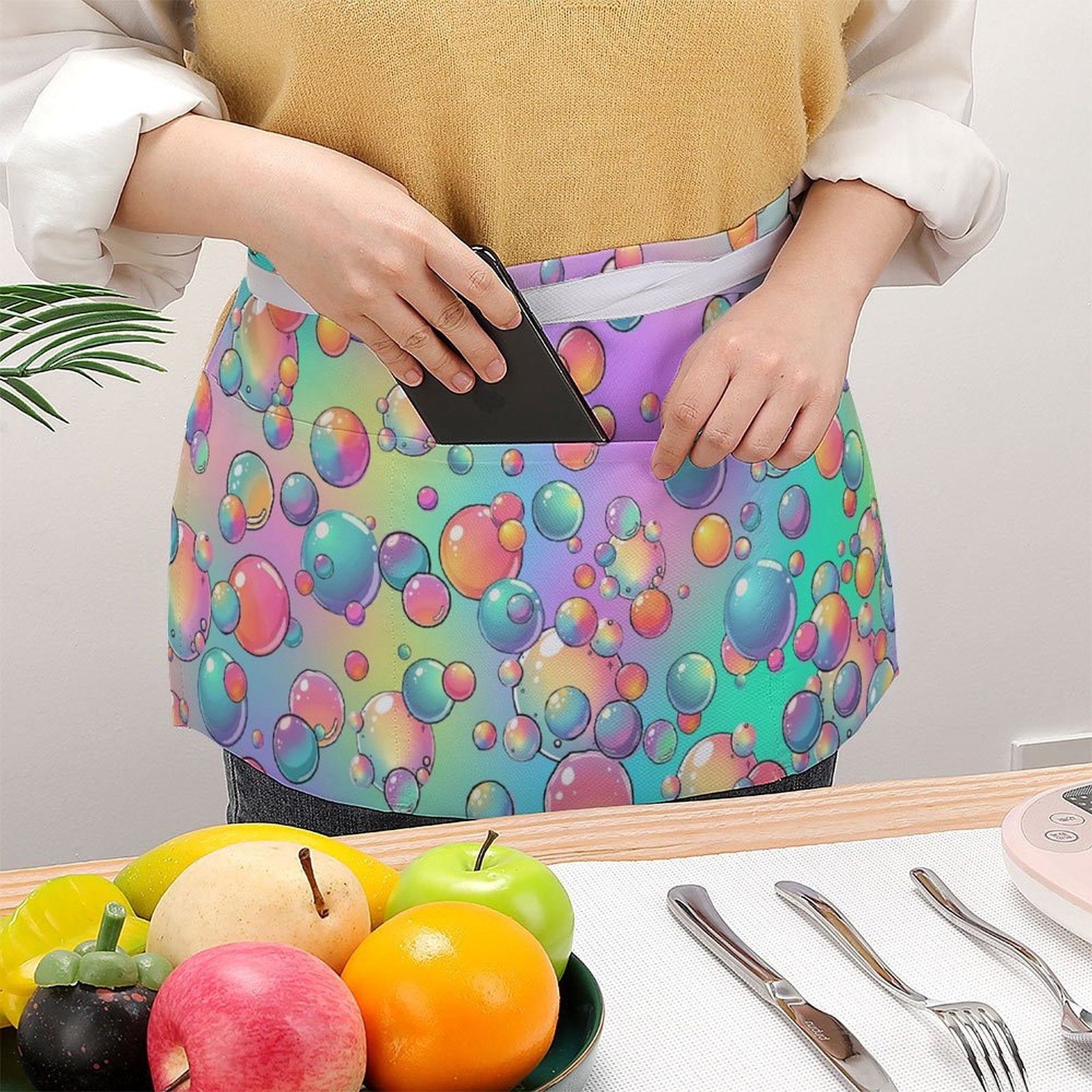 Fun and colourful rainbow bubble design apron