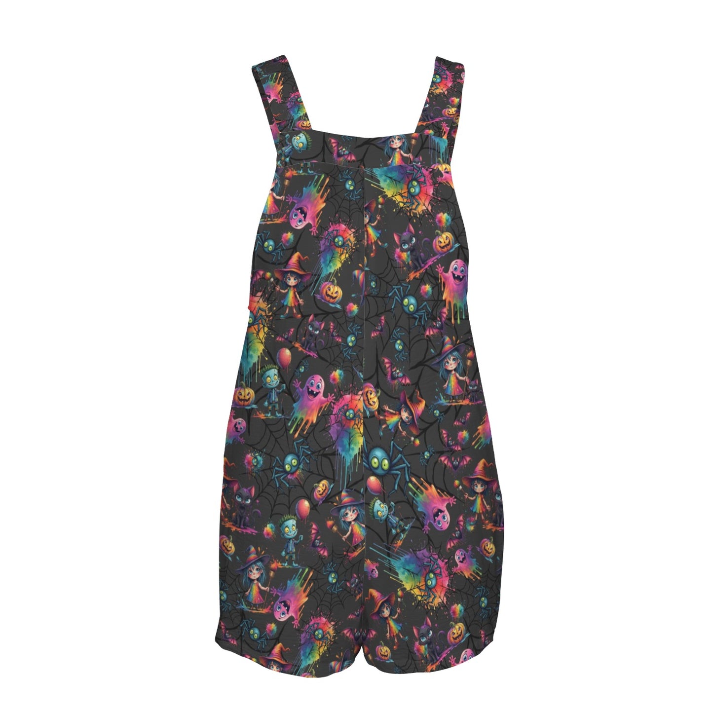 Colorful Halloween-themed overalls on a white background