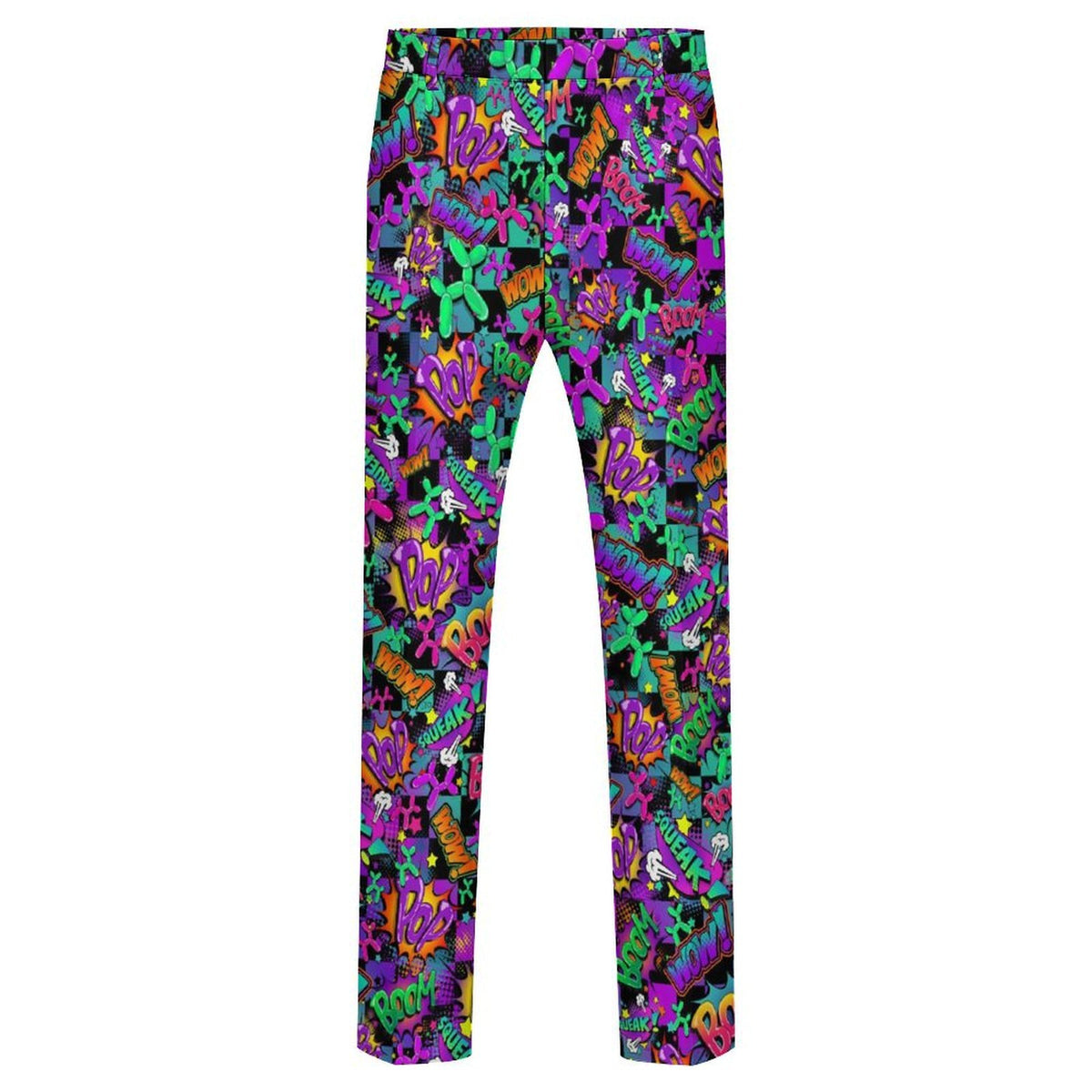 A pair of slim-fit pants featuring an all-over vibrant graffiti-style pattern with purple, green, orange, and yellow text and balloon dog shapes on a black background, shown against a plain white studio backdrop.