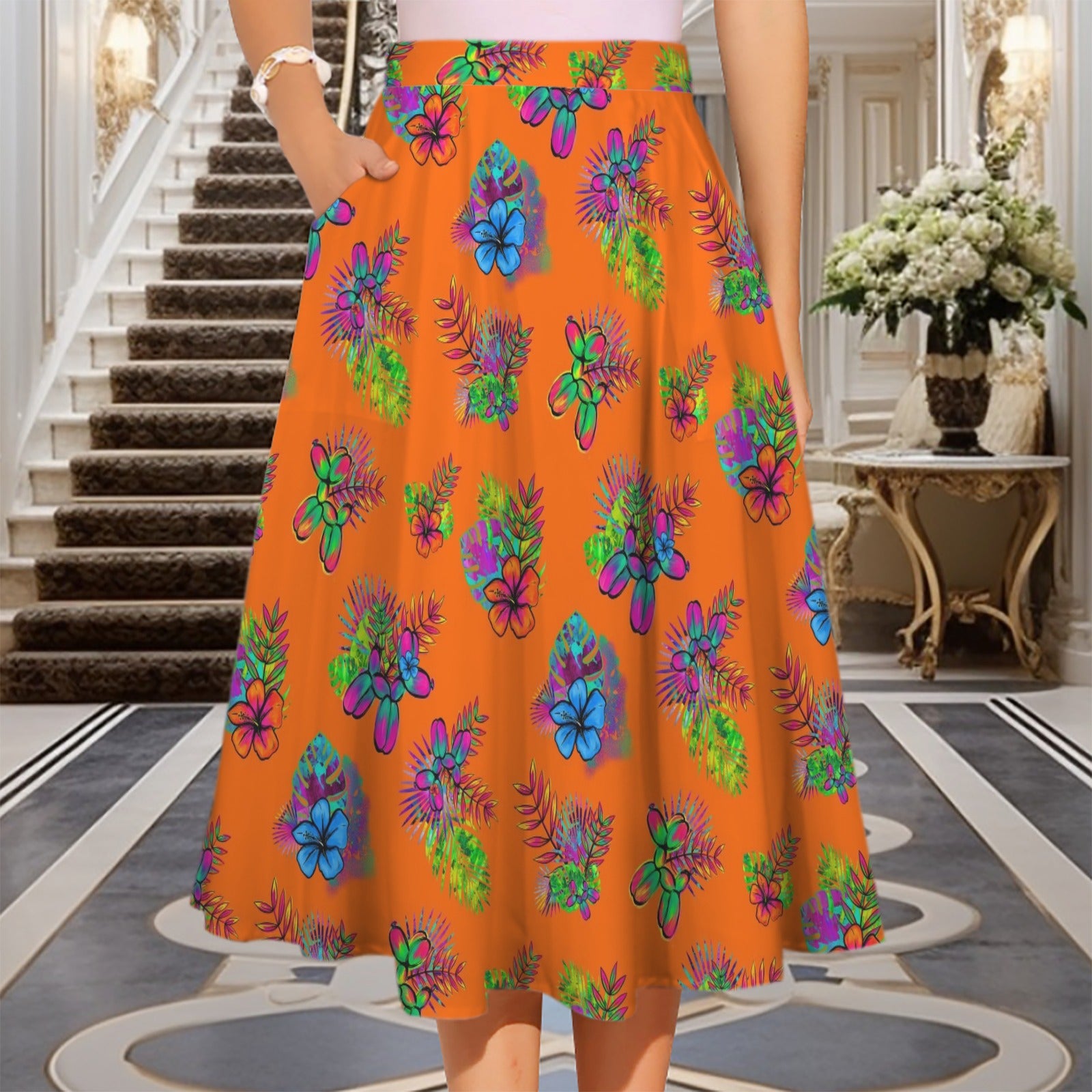 Orange skirt with tropical balloon dogs and flowers