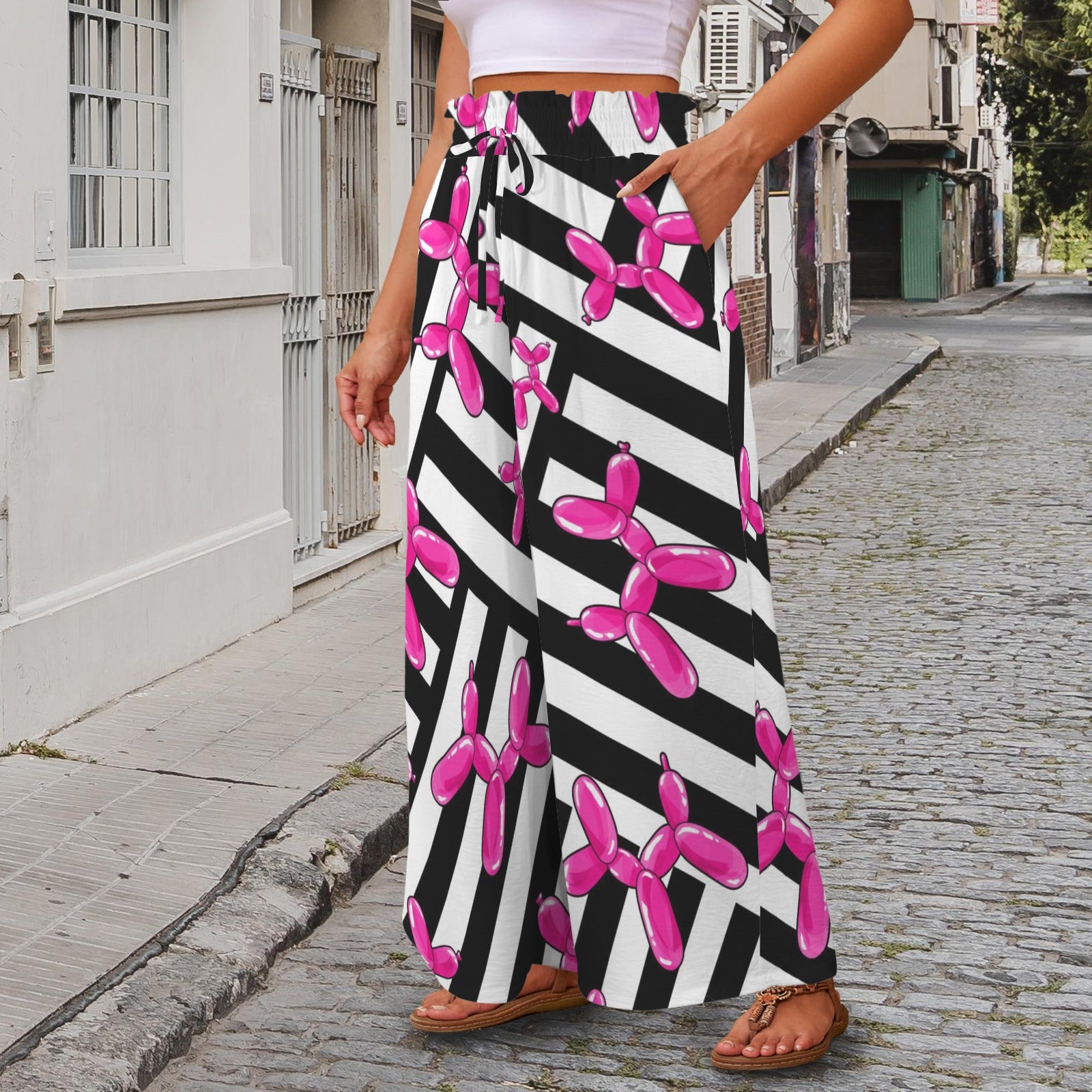 Black and White striped pants with pink balloon dogs