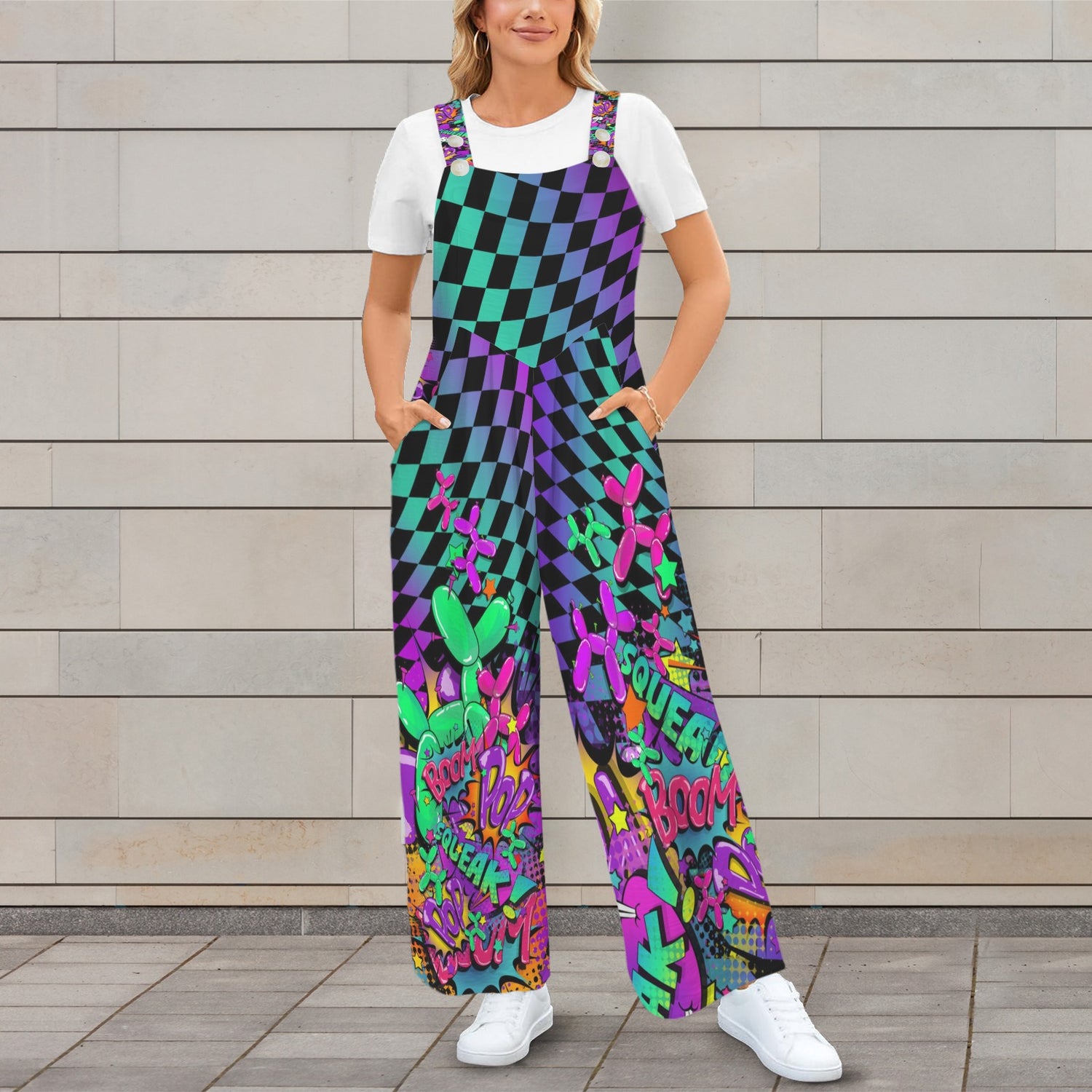 Colourful pop art checker pattern overalls with balloon dogs for balloon twisters