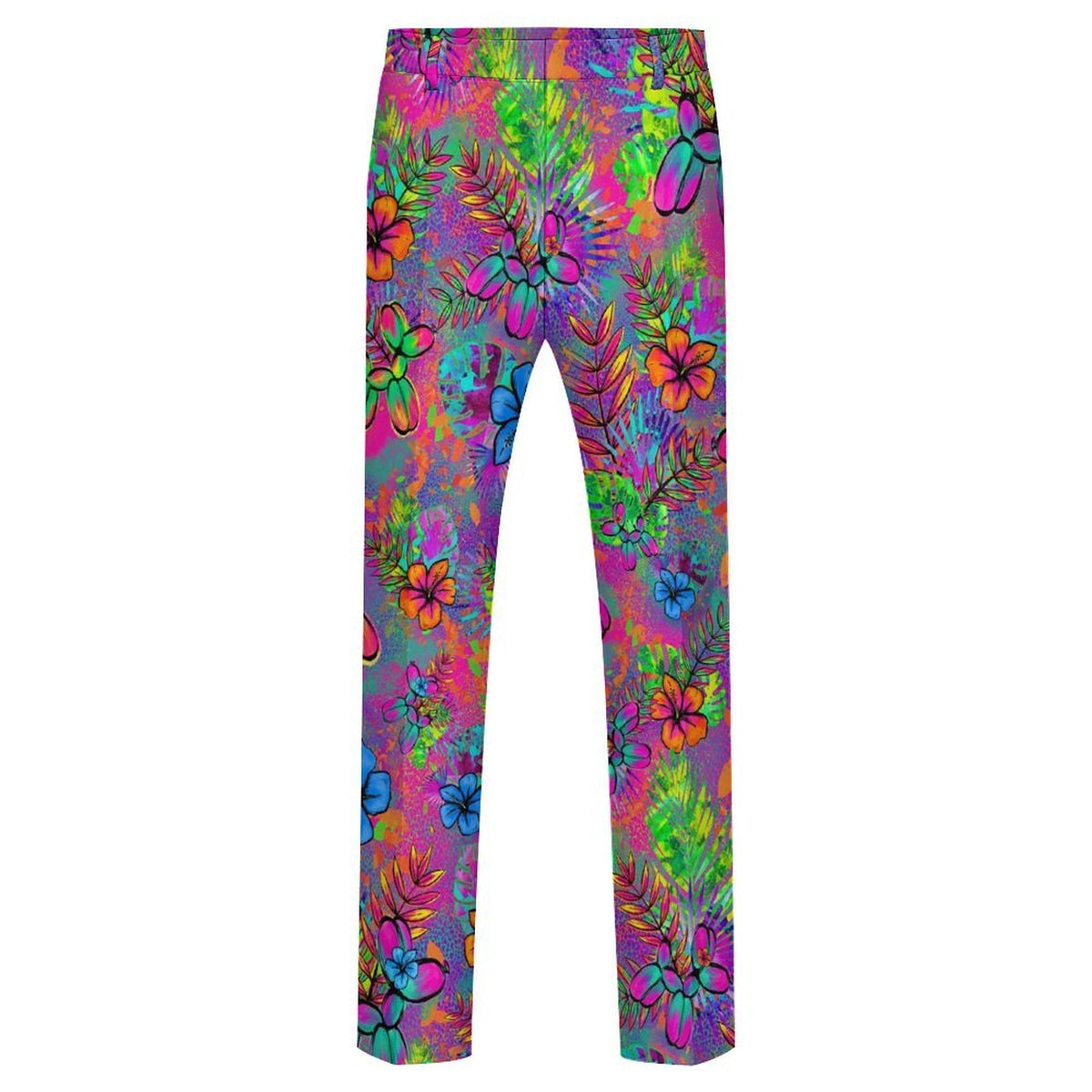 Balloon Twister pants featuring a vibrant, multicoloured psychedelic floral and leaf pattern with Balloon Dogs on a white background.