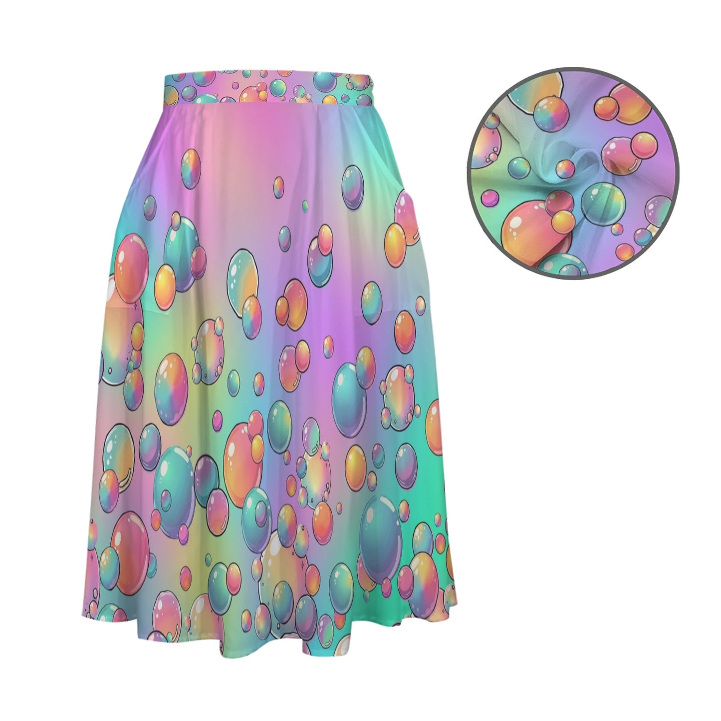 Colorful bubble-patterned skirt with a close-up inset on a white background