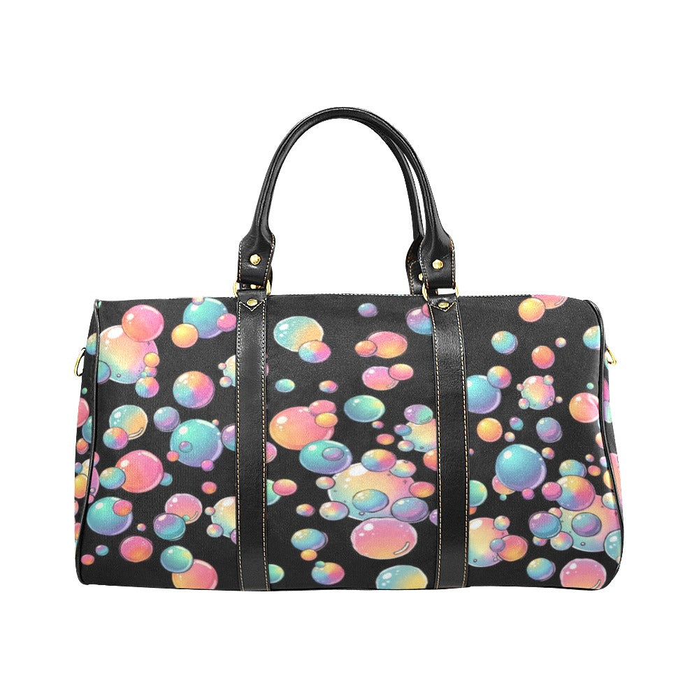 Black duffel bag with colorful bubble pattern on a white background